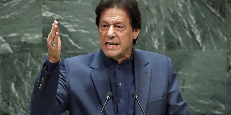 NEW YORK, NY - SEPTEMBER 27: Prime Minister of Pakistan Imran Khan addresses the United Nations General Assembly at UN headquarters on September 27, 2019 in New York City. World leaders from across the globe are gathered at the 74th session of the UN General Assembly, amid crises ranging from climate change to possible conflict between Iran and the United States.   Drew Angerer/Getty Images/AFP
== FOR NEWSPAPERS, INTERNET, TELCOS & TELEVISION USE ONLY ==