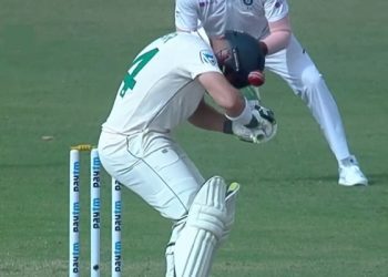 Dean Elgar being hit by Umesh Yadav delivery in Ranchi, Monday