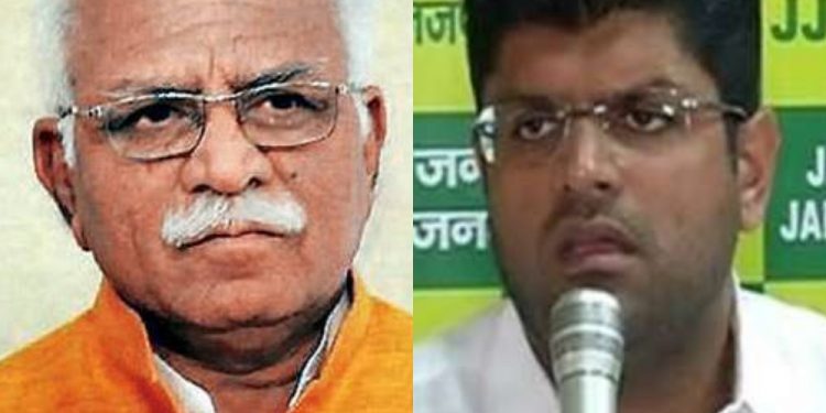 ML Khattar and Dushyant Chautala. File pic