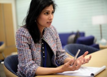 FILE PHOTO: IMF Chief Economist Gita Gopinath speaks in her office during the Spring Meetings of the World Bank Group and IMF in Washington, U.S., April 11, 2019. REUTERS/James Lawler Duggan