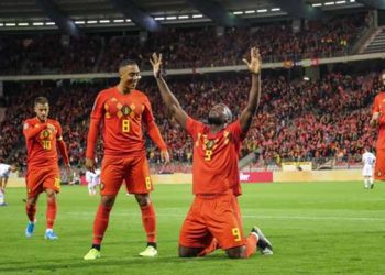 Romelu Lukaku celebrates after scoring his 50th goal for Belgium