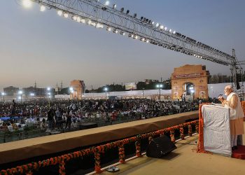 Narendra Modi speaks to the gathering at Dwarka