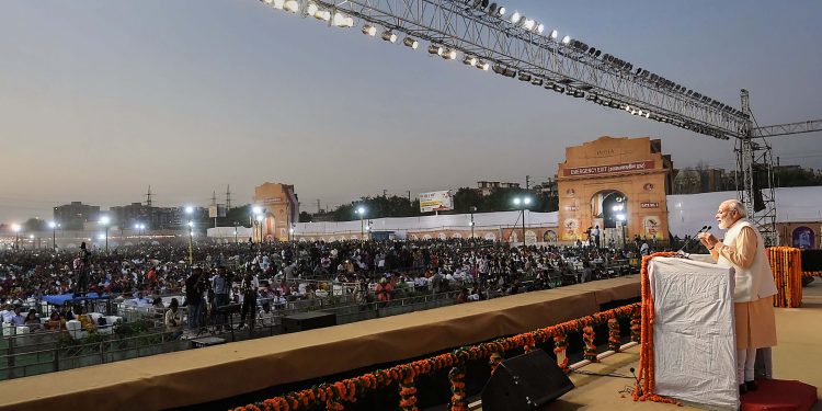 Narendra Modi speaks to the gathering at Dwarka