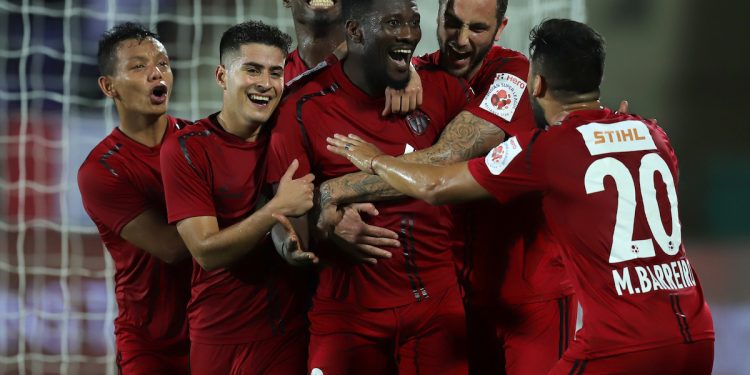 Asamoah Gyan of Northeast United FC celebrates his goal in Guwahati, Saturday