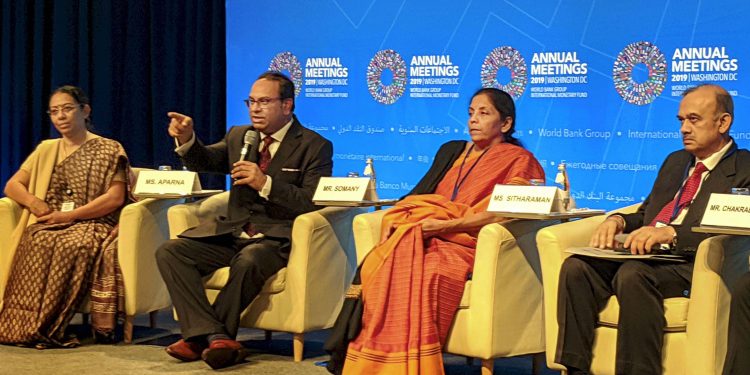 Nirmala Sitharaman at an investor's summit Wednesday in Washington
