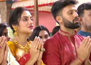 Actor Nusrat Jahan with husband at the pandal