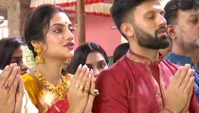 Actor Nusrat Jahan with husband at the pandal