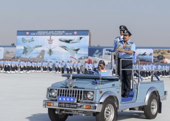 IAF chief Air Chief Marshal Rakesh Kumar Bhadauria reviews the 87th Indian Air Force Day Parade