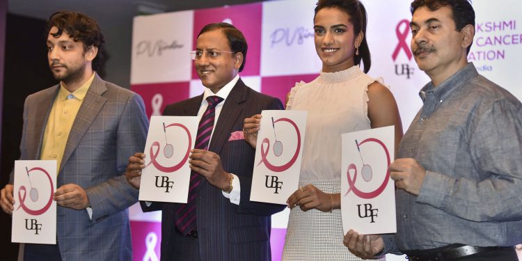 PV Sindhu at the launch of the breast cancer awareness drive at Hyderabad, Monday