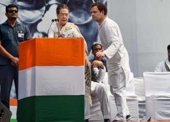 Sonia Gandhi and Rahul Gandhi during the Congress rally, Wednesday