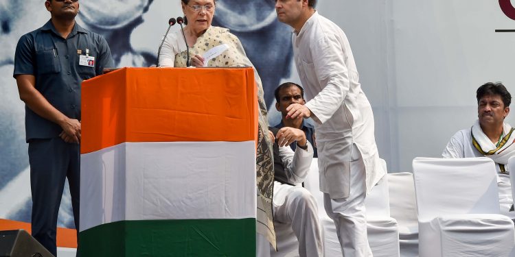 Sonia Gandhi and Rahul Gandhi during the Congress rally, Wednesday