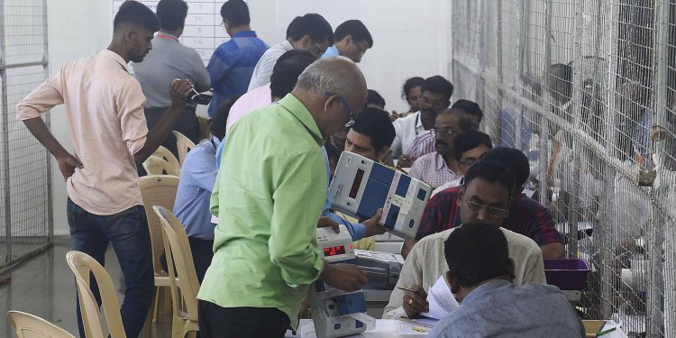 Counting on at a centre in Worli, Mumbai