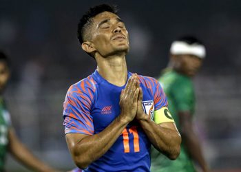 India's Sunil Chhetri prays during World Cup 2022 group E qualifying match against Bangladesh in Kolkata, India, Tuesday, Oct. 15, 2019. (AP Photo/Bikas Das)