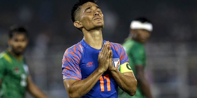 India's Sunil Chhetri prays during World Cup 2022 group E qualifying match against Bangladesh in Kolkata, India, Tuesday, Oct. 15, 2019. (AP Photo/Bikas Das)