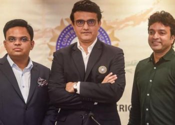 From left: BCCI secretary Jay Shah, president Sourav Ganguly and treasurer Arun Dhumal