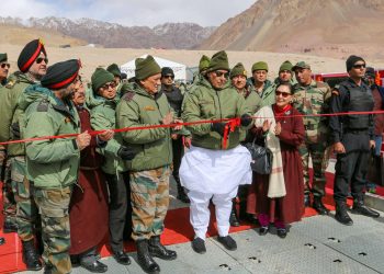 Tajnath Singh inaugurating a bridge in Ladakh, Monday