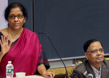 Sitharaman delivering a lecture on the 'Indian Economy: Challenges and Prospects' organised by the Deepak and Neera Raj Center on Indian Economic Policies at Columbia University.