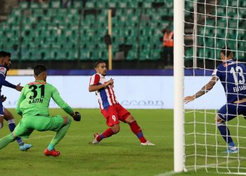 David Williams (No 9) scores the winning goal for ATK against Chennaiyin FC, Wednesday