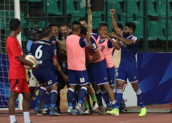 Chennaiyin FC players celebrate Andre Schembri’s goal against Hyderabad FC, Monday