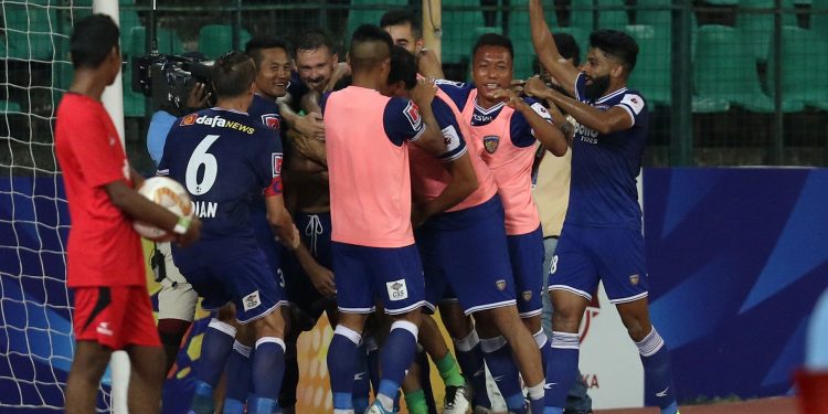 Chennaiyin FC players celebrate Andre Schembri’s goal against Hyderabad FC, Monday