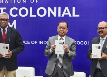 Chief Justice of India (CJI) Ranjan Gogoi,(centre) Justice Hrishikesh Roy (left) and author of book Mrinal Talukdar release a book titled Post Colonial Assam (1947-2019),  in New Delhi Sunday