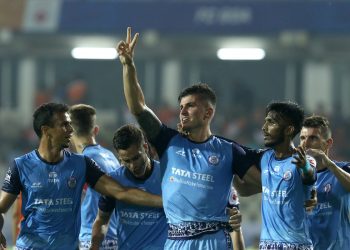 Sergio Castel of Jamshedpur FC celebrates after scoring a goal in the Indian Super League match against FC Goa at the Jawaharlal Nehru Stadium, Goa