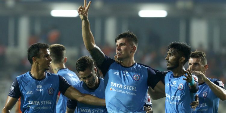 Sergio Castel of Jamshedpur FC celebrates after scoring a goal in the Indian Super League match against FC Goa at the Jawaharlal Nehru Stadium, Goa