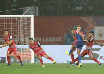 Raphael Augusto of Bengaluru FC takes a shot at the goal, Sunday