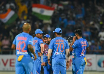 Indian players celebrate the wicket of  Bangladeshi player Liton Das during the second T20 cricket match at Rajkot
