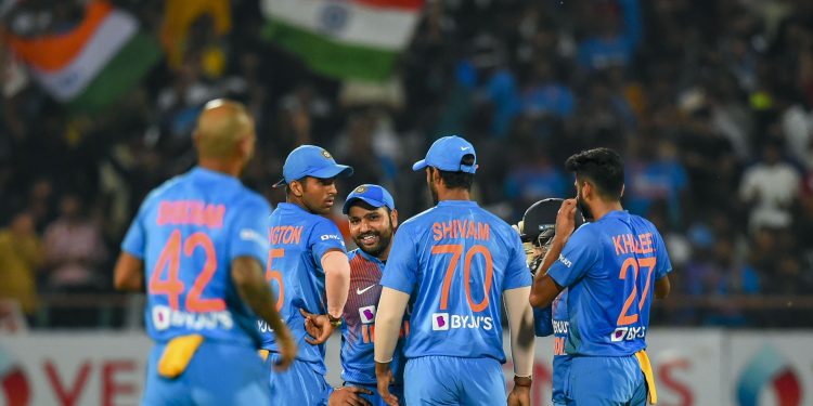 Indian players celebrate the wicket of  Bangladeshi player Liton Das during the second T20 cricket match at Rajkot