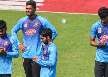 Bangladesh skipper Mominul Haque and his mates have a feel of the pink ball, Thursday at the Eden Gardens