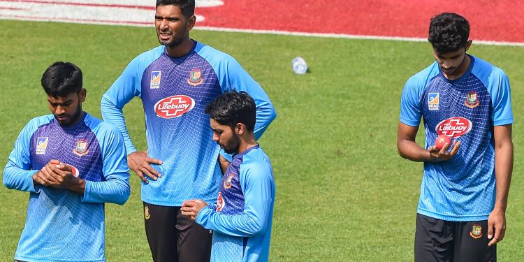 Bangladesh skipper Mominul Haque and his mates have a feel of the pink ball, Thursday at the Eden Gardens