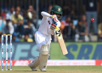 Mominul Haque during his innings plays a defensive shot