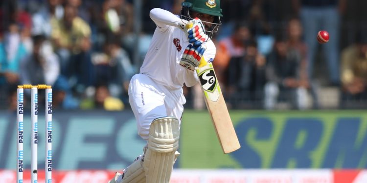 Mominul Haque during his innings plays a defensive shot