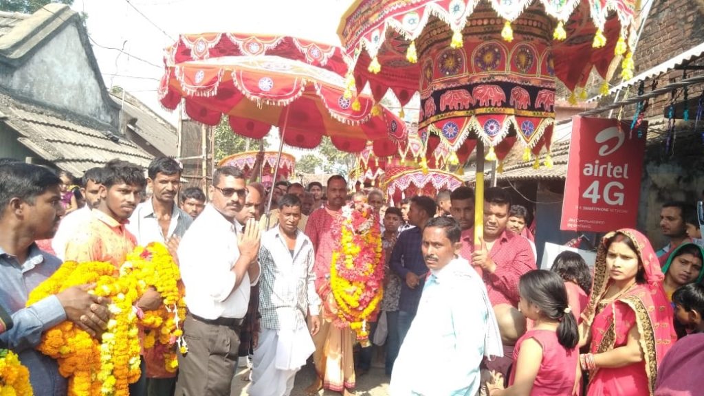 Devotees take out idol of goddess Lovi Thakurani in a procession as part of Banrpal yatra in Angul