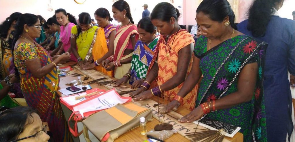 Women receive training on preparation of scented oil and incense sticks at Mission Shakti Hall in Nabarangpur. They will leave for Lucknow for special training on it