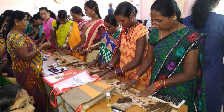 Women receive training on preparation of scented oil and incense sticks at Mission Shakti Hall in Nabarangpur. They will leave for Lucknow for special training on it