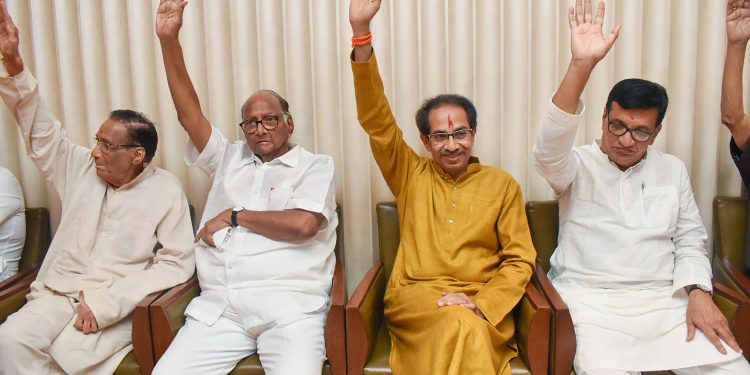 NCP chief Sharad Pawar, Shiv Sena president Uddhav Thackeray and other leaders during the meeting Tuesday in Mumbai