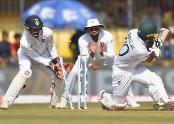 Indore: Bangladesh batsman Mahmudullah gets clean bowled from Ravichandran Ashwin during the first day of first Test match between India and Bangladesh, at the Holkar Cricket Stadium in Indore, Thursday, Nov. 14, 2019. (PTI Photo/Kamal Kishore)