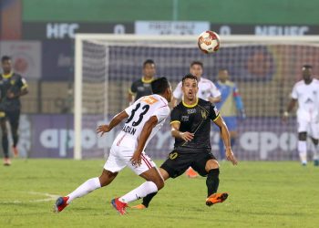 Marcelo Pereira of Hyderabad FC and Rakesh Pradhan of NorthEast United FC in action during the ISL game Wednesday