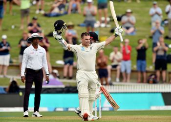 Tom Latham after reaching his century against England, Friday