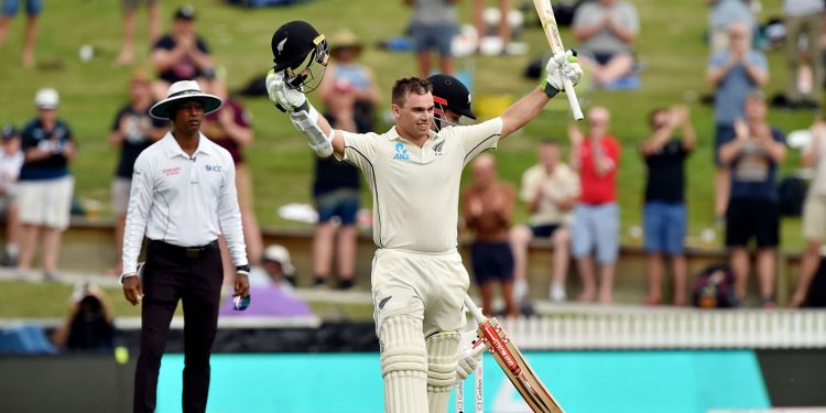 Tom Latham after reaching his century against England, Friday