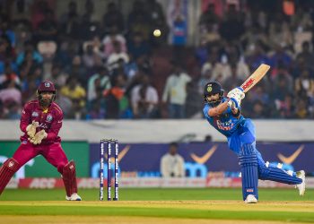 Virat Kohli plays a shot  against West Indies, at Rajiv Gandhi International Stadium in Hyderabad, Friday