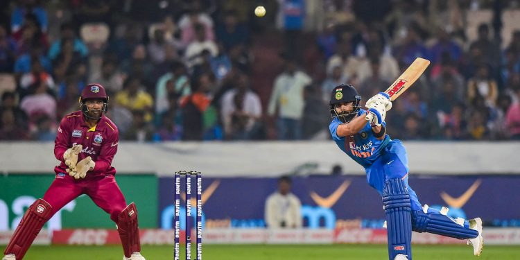 Virat Kohli plays a shot  against West Indies, at Rajiv Gandhi International Stadium in Hyderabad, Friday