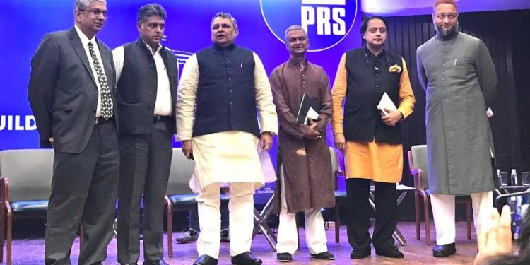 PRS president MR Madhavan, Congress MP Manish Tewari, Bihar Assembly Speaker Vijay Kumar Choudhary, former MP Tathagata Satpathy, former Union minister and Congress MP Shashi Tharoor and AIMIM president and MP Asaduddin Owaisi at the discussion