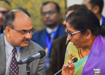 Nirmala Sitharaman, along with Ajay Bhushan, at the 38th GST Council meeting in New Delhi Wednesday (PTI)