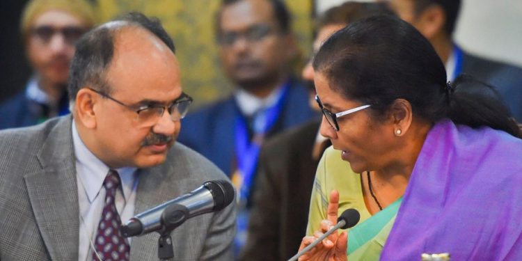 Nirmala Sitharaman, along with Ajay Bhushan, at the 38th GST Council meeting in New Delhi Wednesday (PTI)