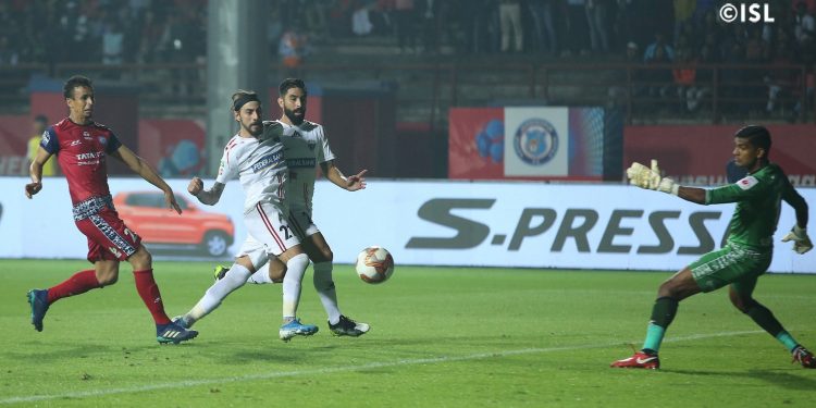 Panagiotis Triadis scores the equaliser for NEUF against Jamshedpur FC