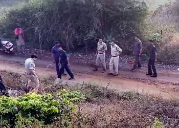Police officials inspect the spot where the encounter took place leading to the death of all the four accused in the Hyderabad gangrape and murder case