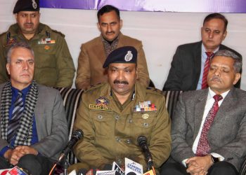 Kashmir DGP Dilbag Singh along with other officials addresses the media Tuesday